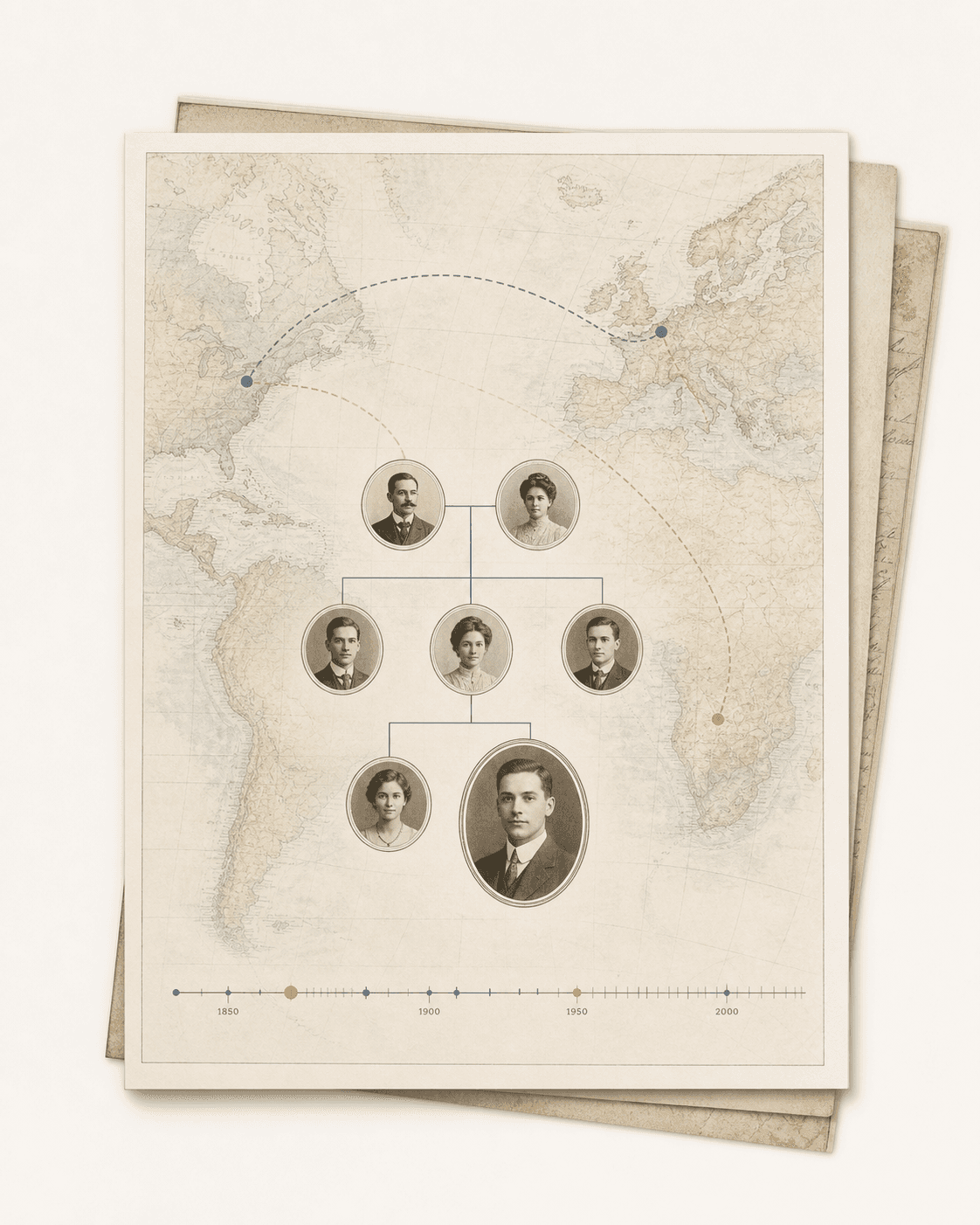 An heirloom family-tree print combining archival portraits, an atlas map, migration routes, and a generational timeline